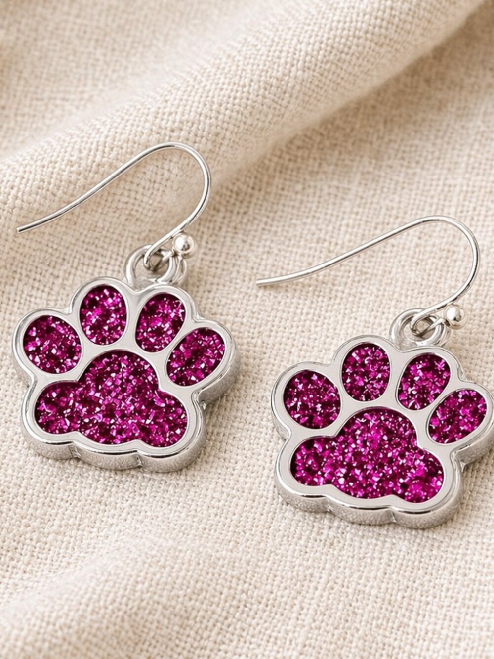 Fuchsia Pink Glitter Dog Paw Print Earrings Dog Lover Gift